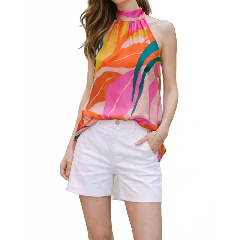 NEW KLD. SIGNATURE printed halter bubble hem top in pink multi